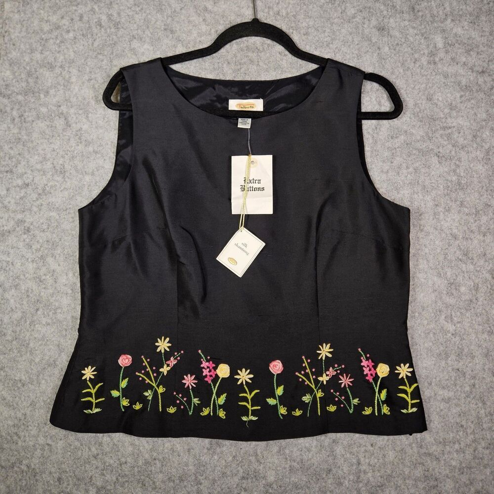 NWT Talbots Womens Black Silk Shantung Floral Embroidered Tank Spring Size 14P